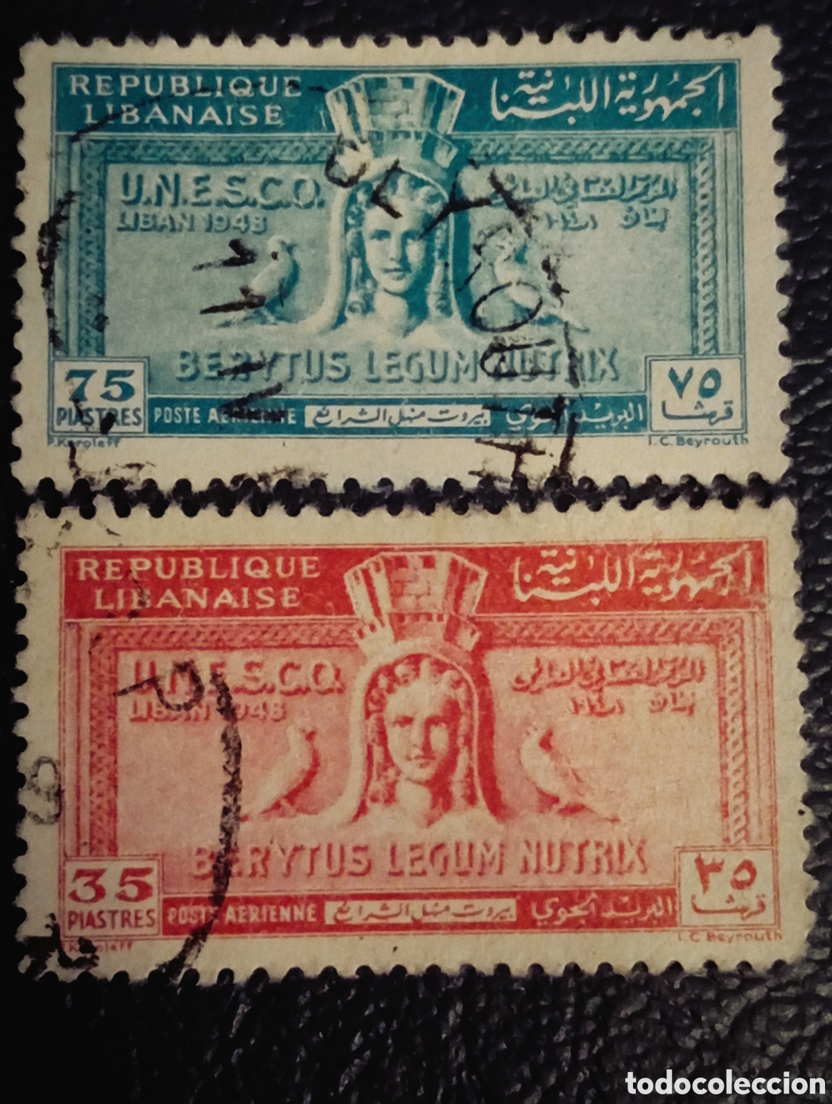 Sellos: L&iacute;bano 1948 - Lote 2 Sellos de la Serie UNESCO A&eacute;reos (Scott C142 y C144) Usados