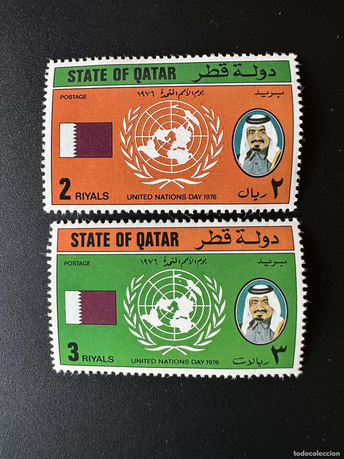 Sellos: Qatar 1976 Mi. 713 - 714 D&iacute;a de las Naciones Unidas Emblema la bandera