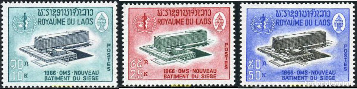 Sellos: 212427 MNH LAOS 1966 NUEVA SEDE DE LA OMS