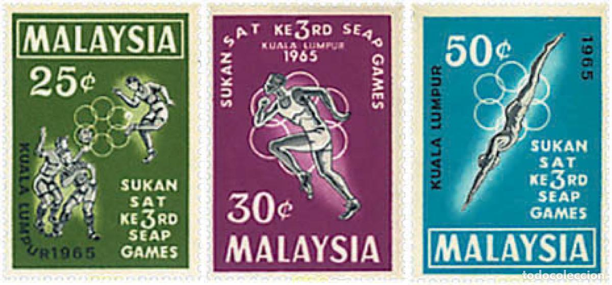 Sellos: 281737 HINGED MALASIA 1965 3 JUEGOS DEPORTIVOS DEL SUD-ESTE ASIATICO