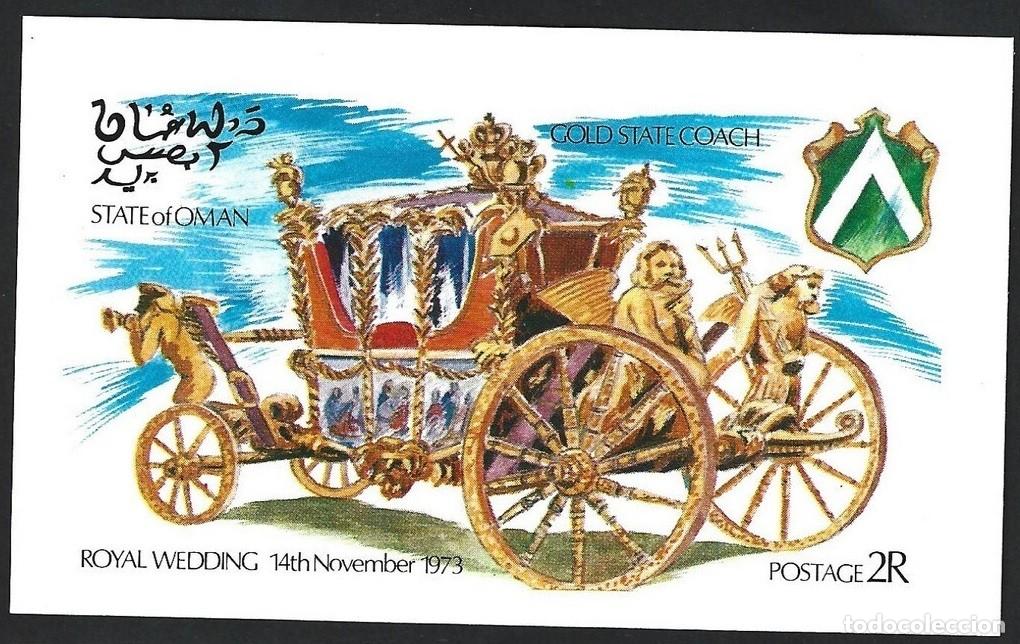 Sellos: OMAN 1973 SHEET MNH CARRUAJE DE ORO ROYAL WEDDING BODA REAL REALEZA ROYALTY CARRIAGES CARROSSES