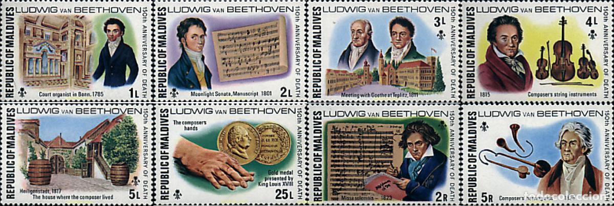 Sellos: 143189 MNH MALDIVAS 1977 150 ANIVERSARIO DE LA MUERTE DE LUDWIG VAN BEETHOVEN