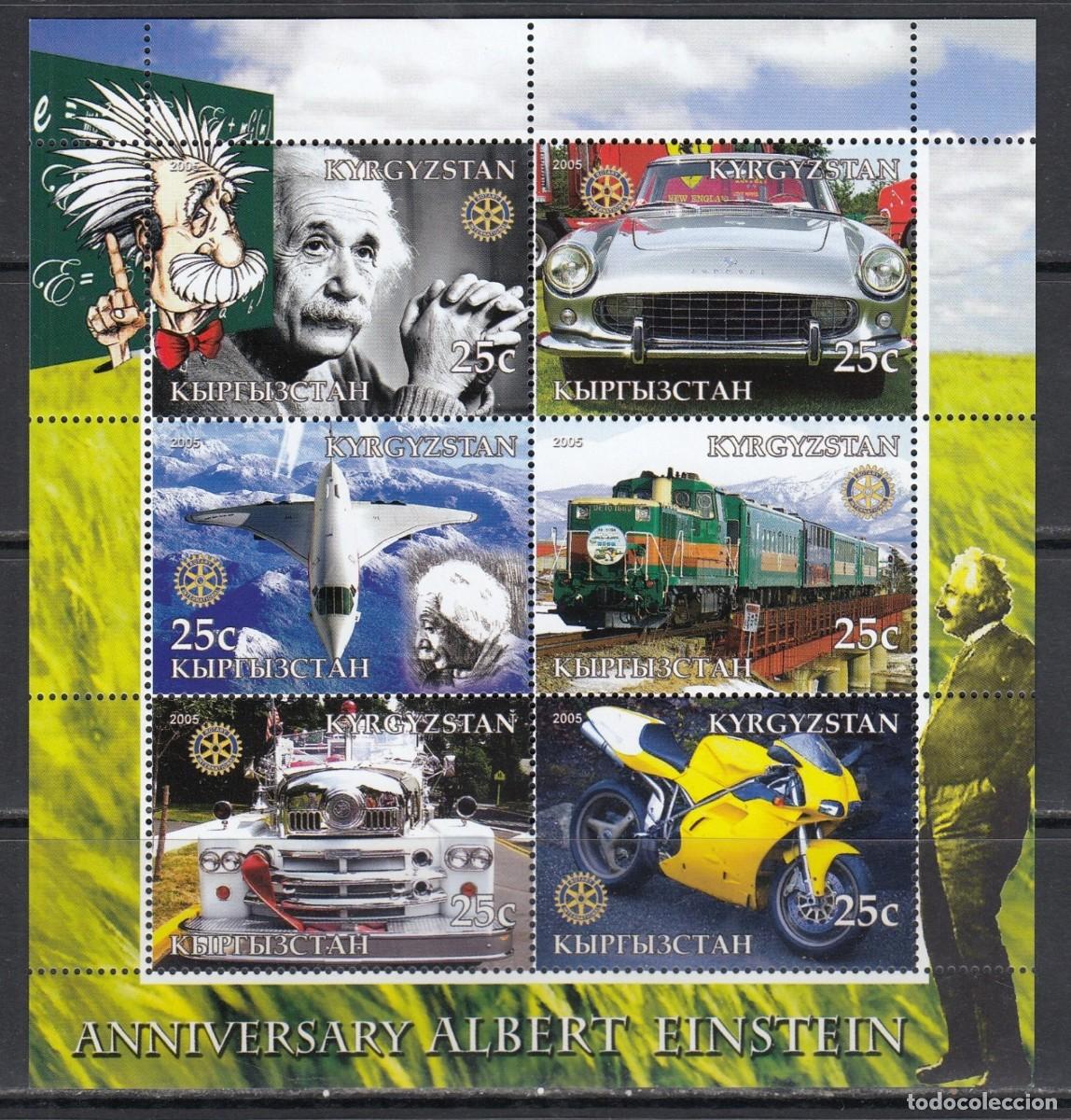 Sellos: KYRGYZSTAN 2005 SHEET MNH ROTARY ALBERT EINSTEIN TRENES TRAINS AVIONES PLANES BOMBEROS COCHES