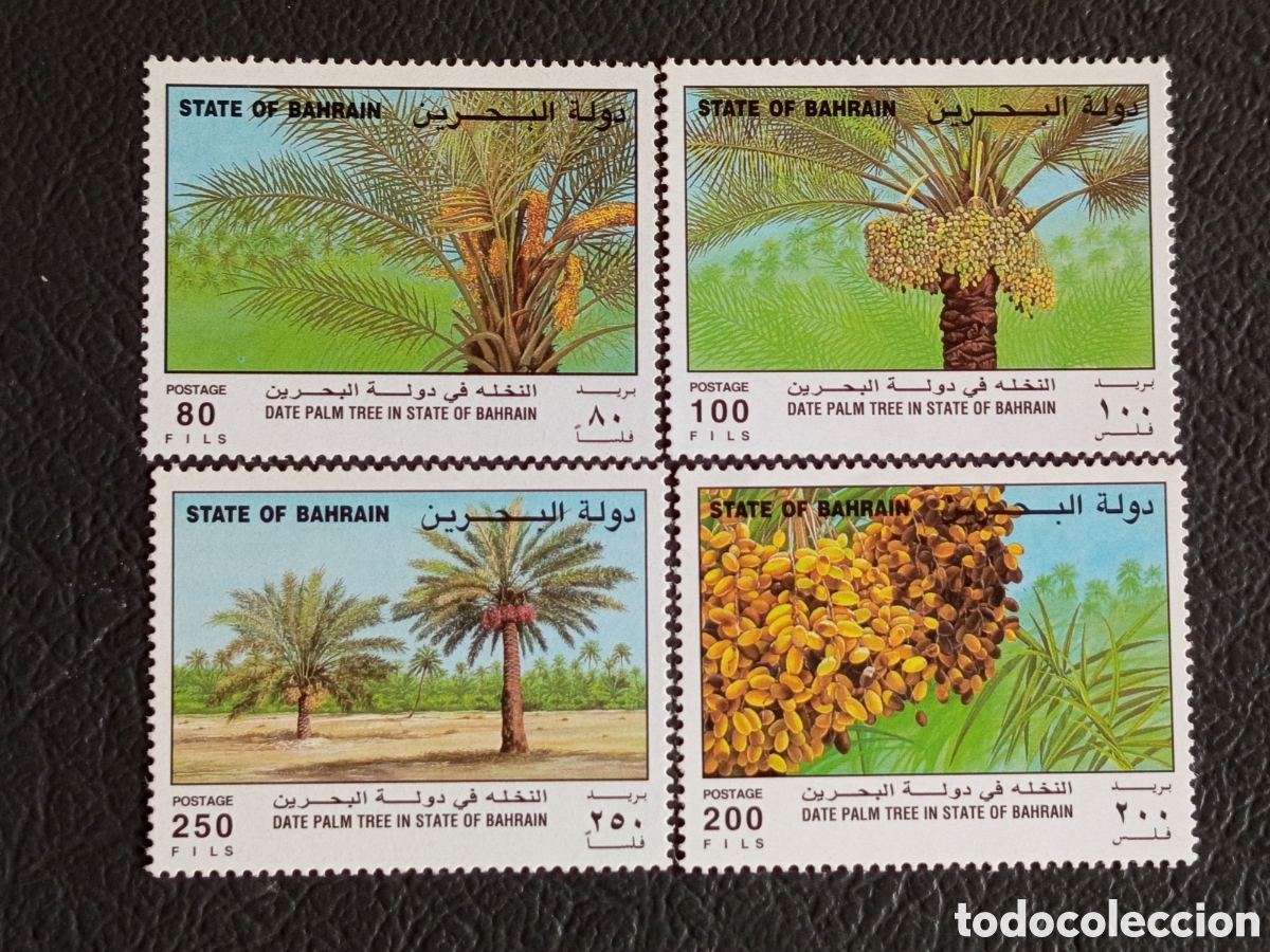 Sellos: Serie 4 Sellos Bahrain 1989 Palmera Datilera Cat. Scott #346-349 Frutos MH