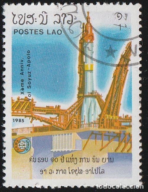 Sellos: Laos 1985 Scott 651 Sello * Espacio Naves Espaciales Aniversario Apollo y Soyuz Soviet Rocket Soyouz