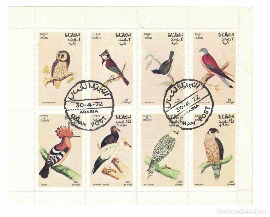 Sellos: State of Oman sheet of 8 Bird Stamps, Owl, Kestrel, CTO Trucial State bogus