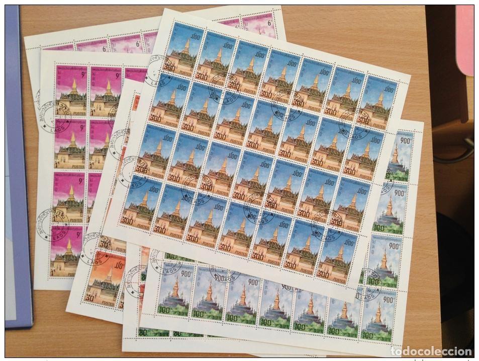 Sellos: Laos 1976 - 6 hojas de 28 sellos monumentos pagodas borradas usadas