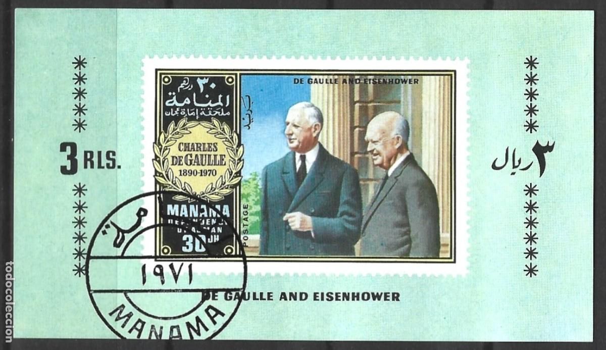 Sellos: MANAMA - 1971 - PRESIDENTES CHALS DEGAUL + EISENHOWER - BLOQUE PEQUE&Ntilde;O