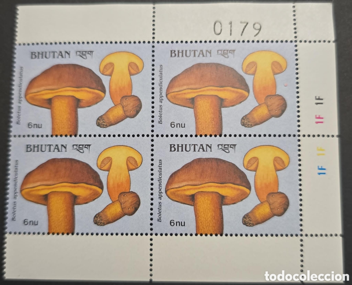 Sellos: CA)Bhutan + 1995 + Mushroom Stamps + Souvenir sheet of four stamps depicting Boletus appendiculatus,
