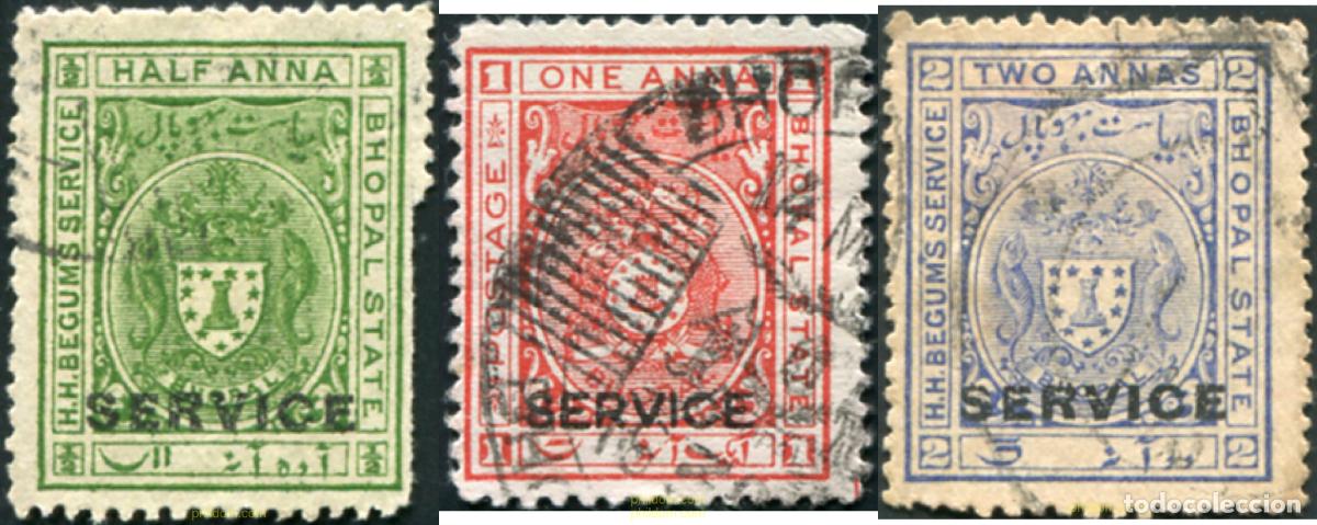 Sellos: 791591 USED BHOPAL 1908 SELLOS DE SERVICIO, (LEYENDA: H.H. BEGUMS SERVICE-BHOPAL STATE), SOBRECARGA