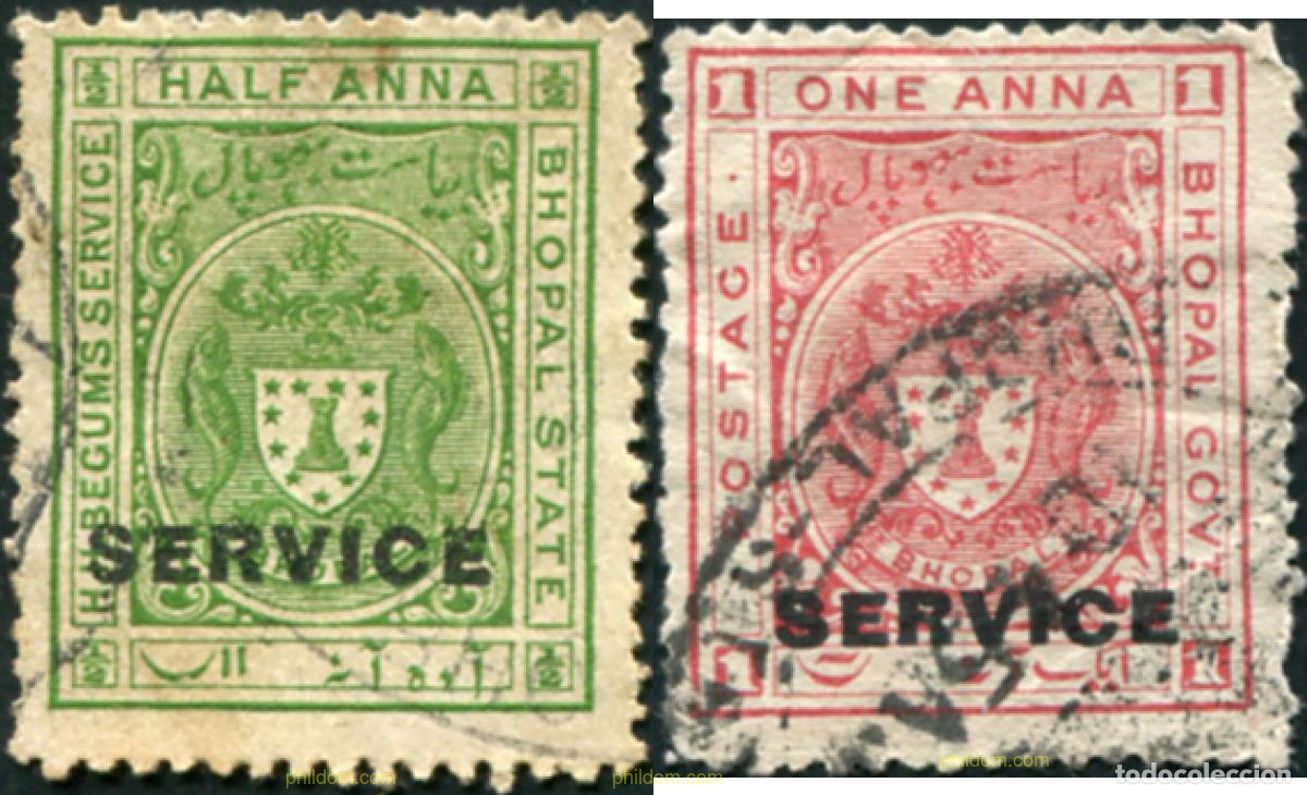 Sellos: 791599 USED BHOPAL 1908 SELLOS DE SERVICIO, (LEYENDA: H.H. BEGUMS SERVICE-BHOPAL STATE), SOBRECARGA