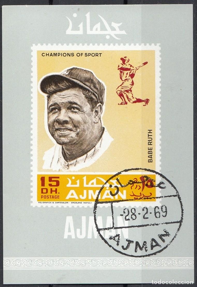 Sellos: AJMAN 1969 SHEET USED MNH BABE RUTH BASEBALL BEISBOL BEISEBOL BASE BALL SPORTS DEPORTES