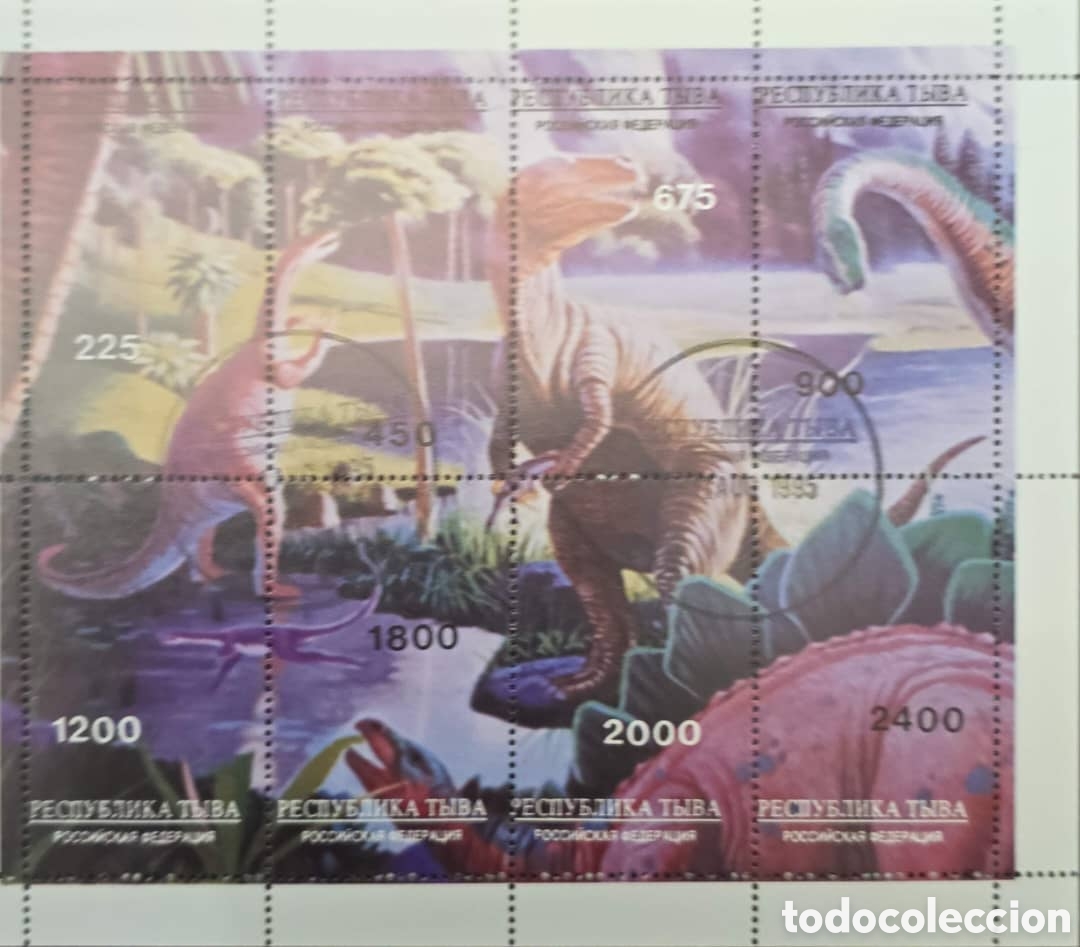 Sellos: CA) Tajikistan. 2001. Dinosaurs. Sheet of six seals showing different prehistoric species in natural