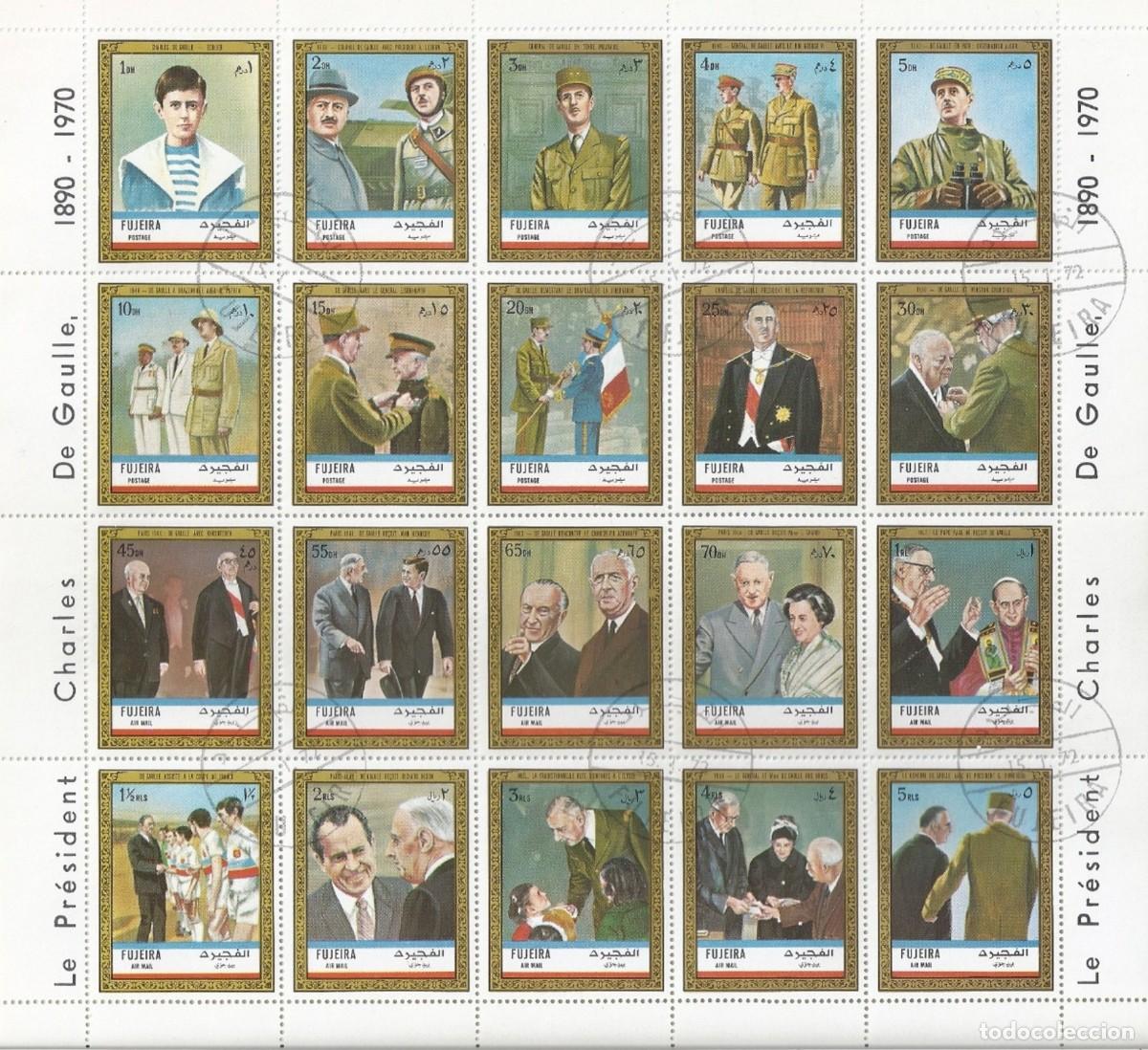 Sellos: FUJEIRA 1972 SHEET USED MNH CHARLES DE GAULLE JFK KENNEDY NIXON CHURCHILL PAPA PABLO VI POPES PAPES