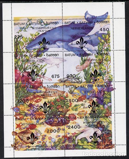 Sellos: BATUM 1995 SHEET MNH SCOUTS OVERPRINTED FAUNA MARINA MAMIFEROS WHALES BALEINES BALLENAS WALEN