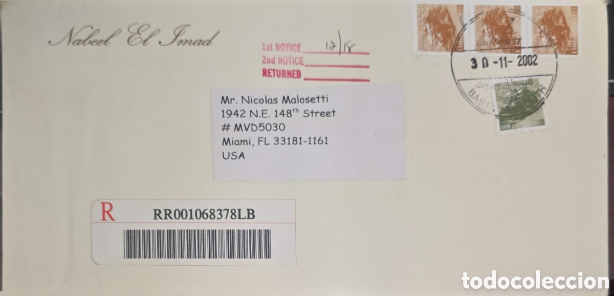 Sellos: CA)Lebanon + 2002 + Registered International Mail + Envelope franked with Lebanese stamps (brown and