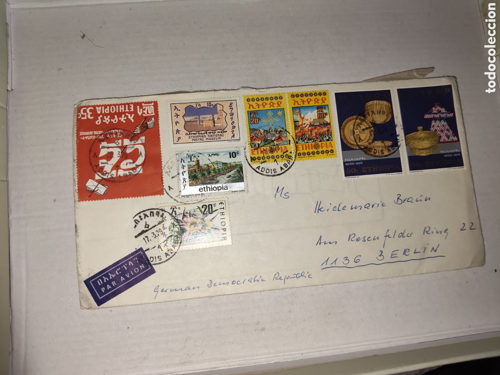 Sellos: Sobre postal enviado desde Etiop&iacute;a a Berl&iacute;n con 13 sellos