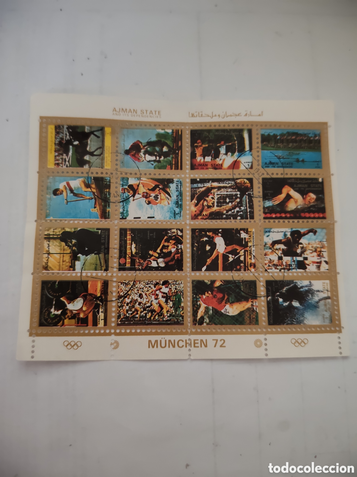 Sellos: Hojita con 16 sellos de Ajman Juegos Ol&iacute;mpicos Munich 1972