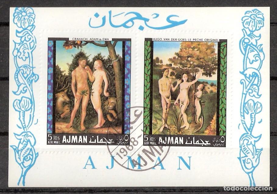 Sellos: AJMAN - 1968 - BLOQUE CON PINTURAS DE ADAM Y EVA - MATASELLADO