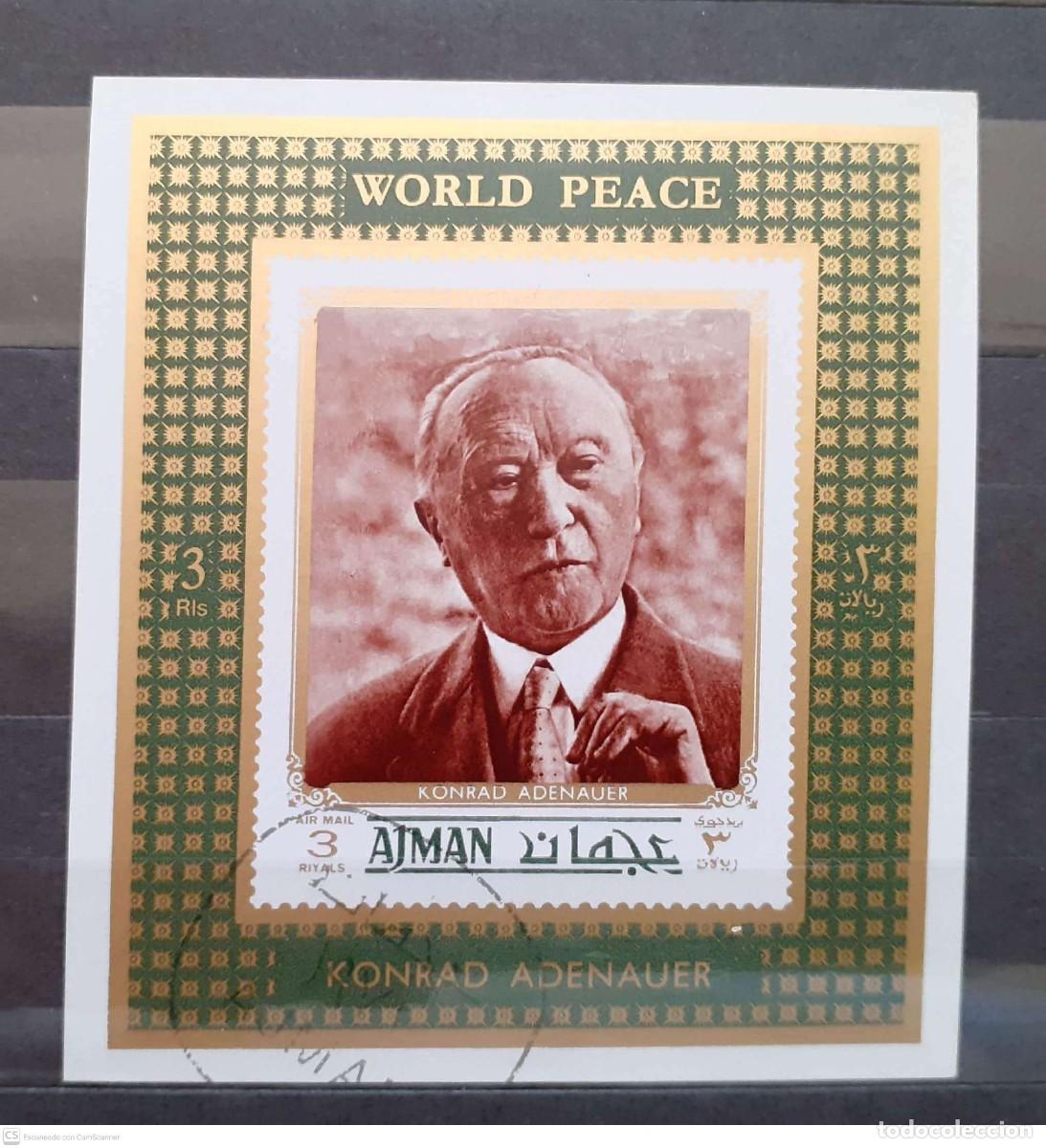 Sellos: AJMAN mnihojita n&deg; 1252EB&deg; sin dentar. Combatientes por la paz. Konrad Adenauer