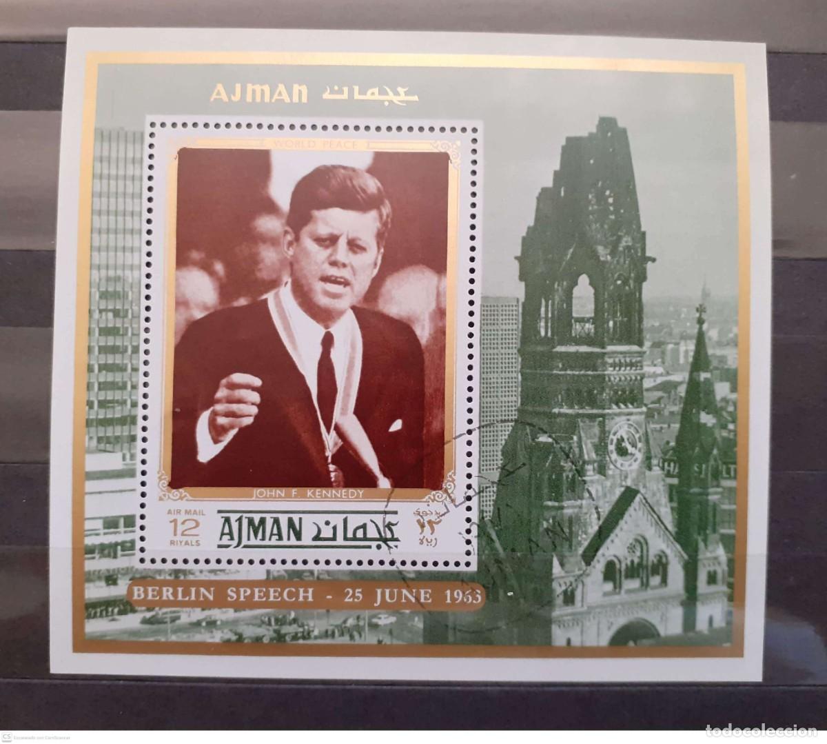 Sellos: AJMAN Bloque n&deg; 338A&deg; Combatientes por la paz. Kennedy en Berl&iacute;n