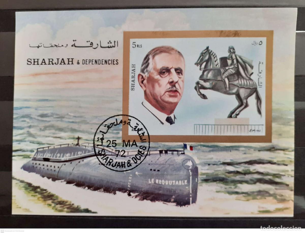 Sellos: SHARJAH Bloc. n&deg; 95&deg; Charles De Gaulle y Juana de Arco. Submarino
