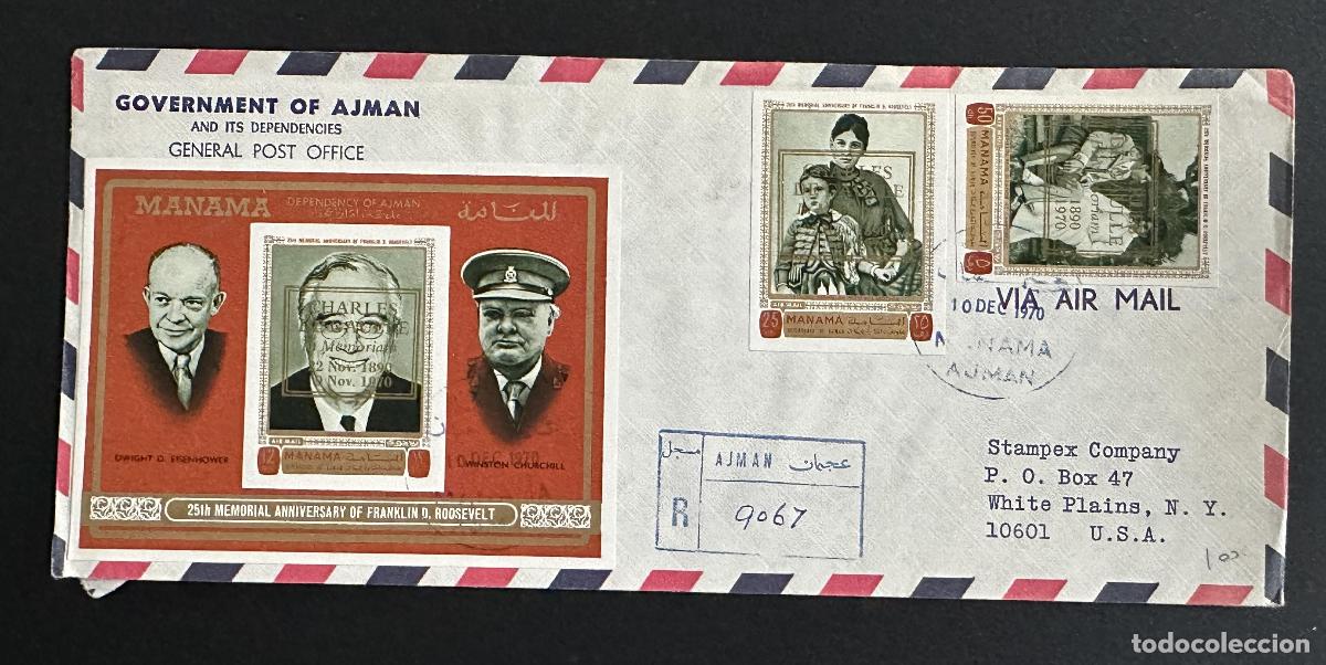 Sellos: Carta certificada Ajman Manama 1970 Bloc Roosevelt Churchill De Gaulle ND