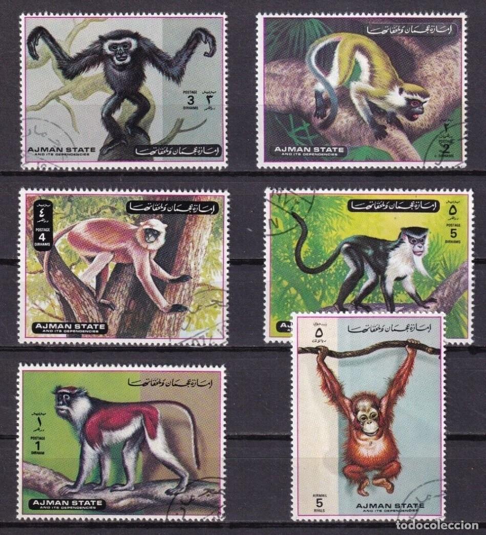 Sellos: AJMAN 1973 SERIE 6 STAMPS USED MNH FAUNA MAMIFEROS PRIMATES MONKEYS MONOS SINGES SCIMMIE WILDLIFE