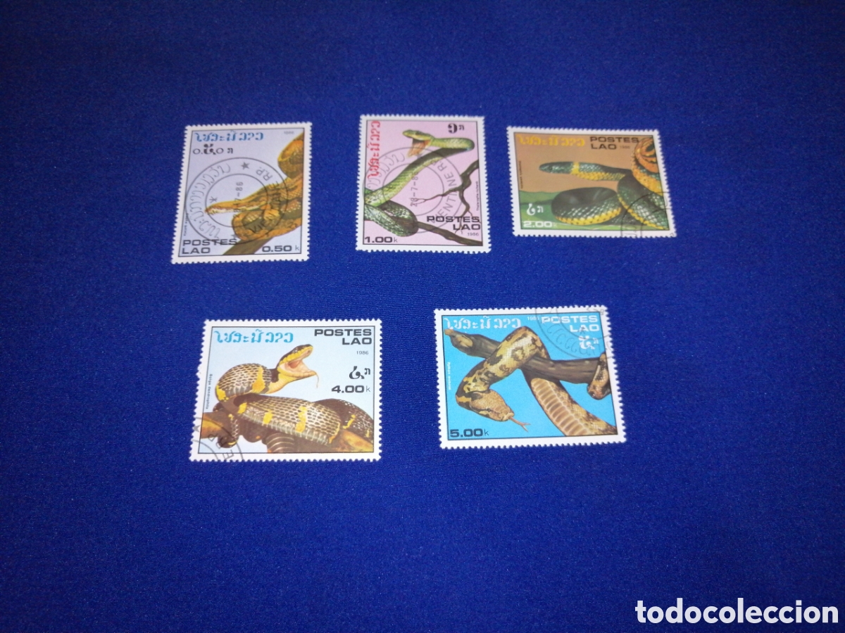 Sellos: LAOS LOTE SERPIENTES REPTILES SELLOS USADOS MATASELLADOS