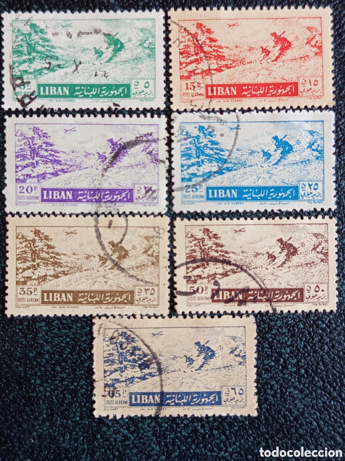 Sellos: Lote 7 Sellos L&iacute;bano Correo A&eacute;reo Esqu&iacute; Cedros 1955/57 Michel 529/535 Usados