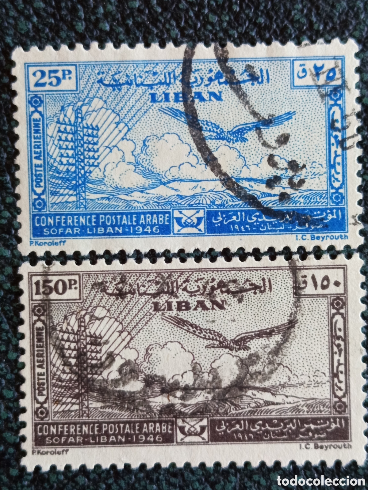 Sellos: Lote 2 Sellos L&iacute;bano Correo A&eacute;reo Congreso Postal Sofar 1946 Michel 346/349