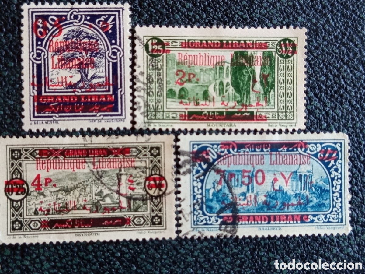 Sellos: Lote 4 Sellos L&iacute;bano Rep&uacute;blica 1927/1928 Sobrecarga Michel 76/89 Usados