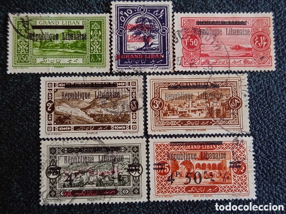 Sellos: Lote 7 Sellos L&iacute;bano Rep&uacute;blica 1927/1928 Sobrecarga Mandato Michel 76/90