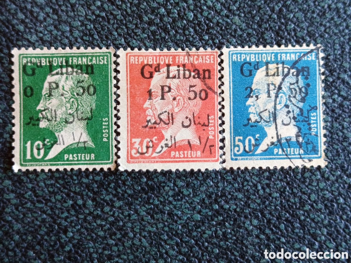Sellos: Lote 3 Sellos Gran L&iacute;bano 1924/25 Francia Louis Pasteur Sobrecarga Michel 26/30