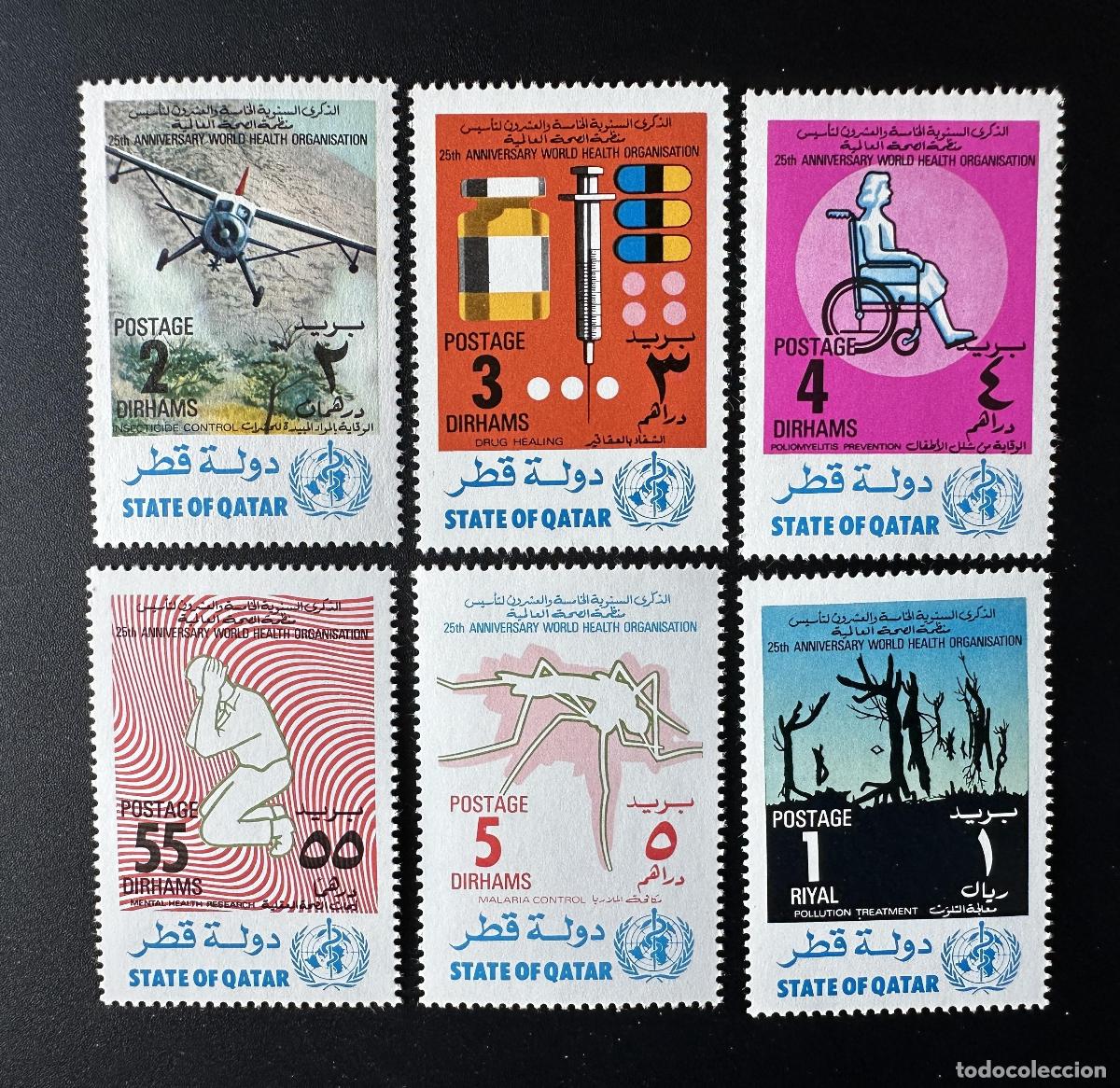 Sellos: Qatar 1973 Mi. 555 - 560 25 aniversario de la OMS Salud Medicamentos contra malaria Avi&oacute;n