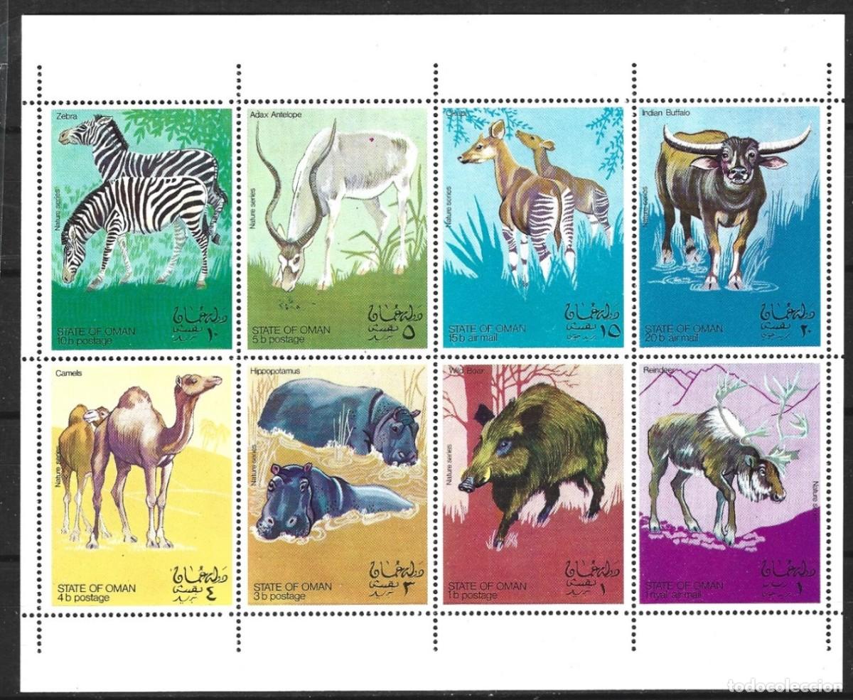 Sellos: OMAN 1969 SHEET MNH FAUNA CEBRAS CAMELLOS CAMELS HIPOPOTAMOS BUFALOS RENOS ANTILOPES OKAPIS JABALIES
