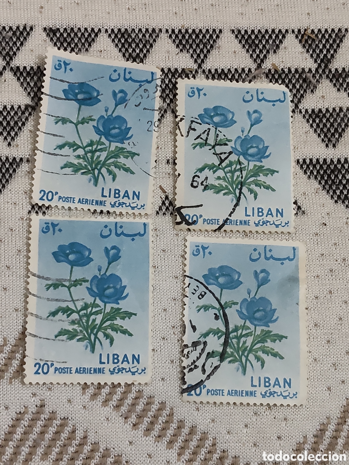 Sellos: 4 sellos del L&iacute;bano flor de Anemona Azul 1964