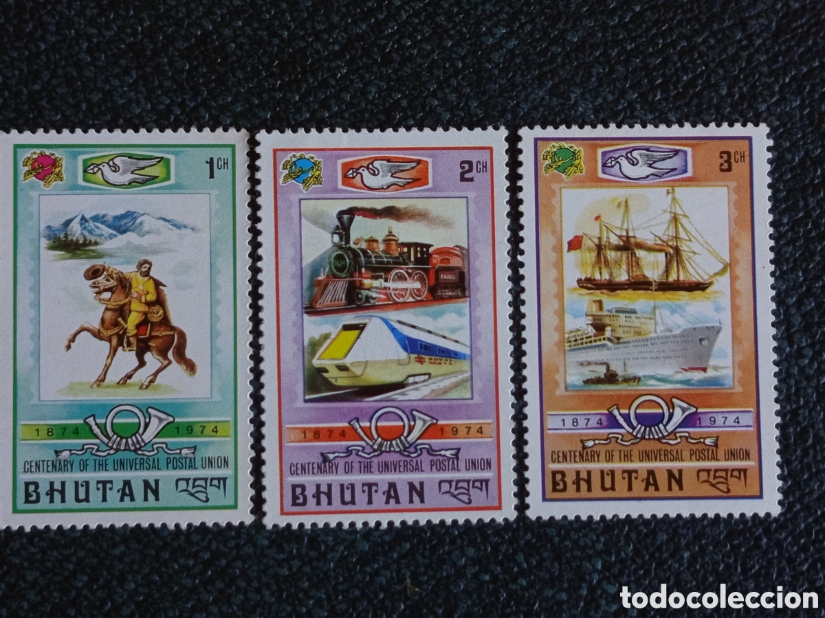Sellos: Sellos But&aacute;n 1974 Centenario UPU - Cat. Yvert 438/440 Lote 3 Valores