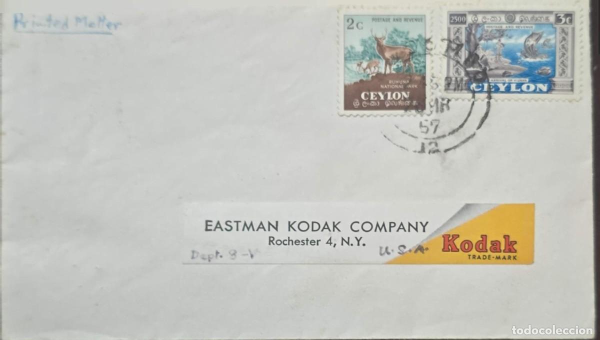 Sellos: MI) 1957, SRI LANKA (UNSPECIFIED CITY) TO ROCHESTER, NEW YORK; MARITIME MAIL COVER; BEARS TWO STAMPS