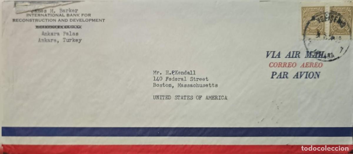 Sellos: MI) 1950, TURKEY, SENT FROM ANKARA PALAS, TURKEY, TO BOSTON, MASSACHUSETTS,AIRMAIL COVER, TWO ORNAME
