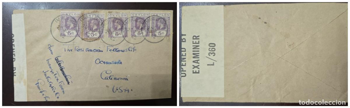 Sellos: O) 1942 CEYLON, SRI LANKA, KING GEORGE V, CENSORSHIP, CIRCULATED COVER TO USA, MULTIPLE COVER
