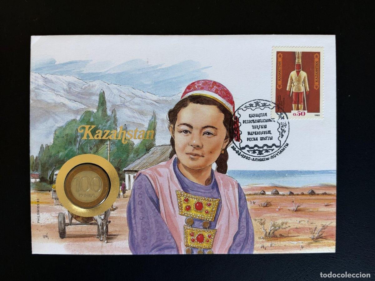Sellos: Kazajist&aacute;n 1992 sobre numism&aacute;tico Philswiss 100 rublos sello