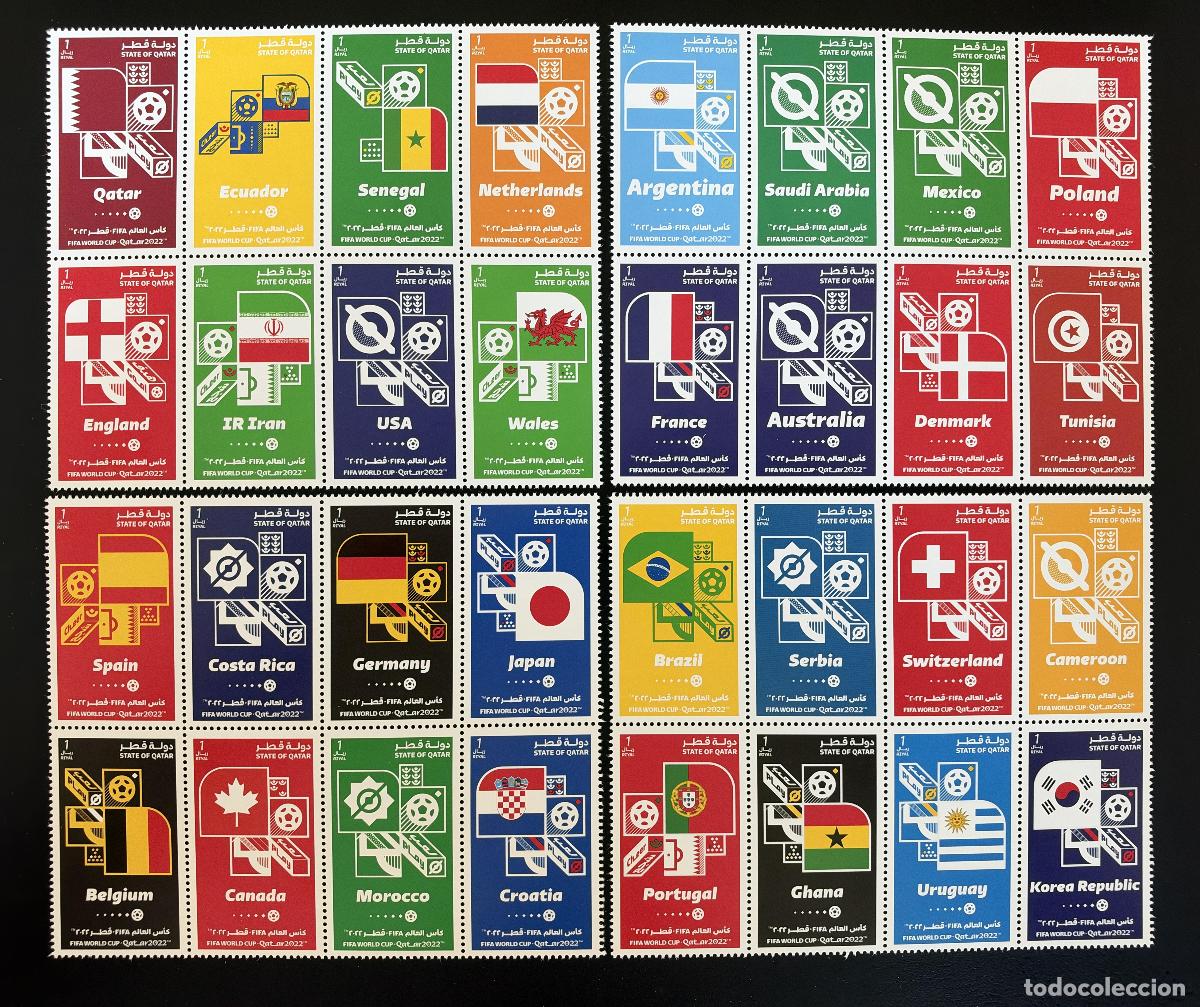 Sellos: Qatar 2022 FIFA Copa del Mundo f&uacute;tbol banderas naciones equipos