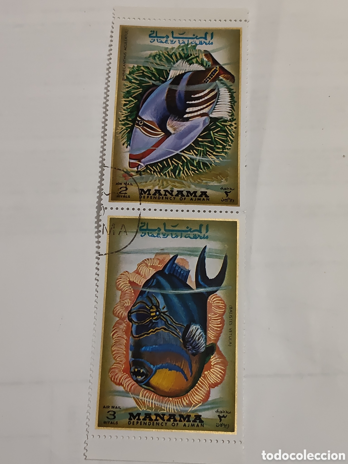 Sellos: Bloque de 2 sellos de Manama(Emiratos &Aacute;rabes) peces tropicales 1971