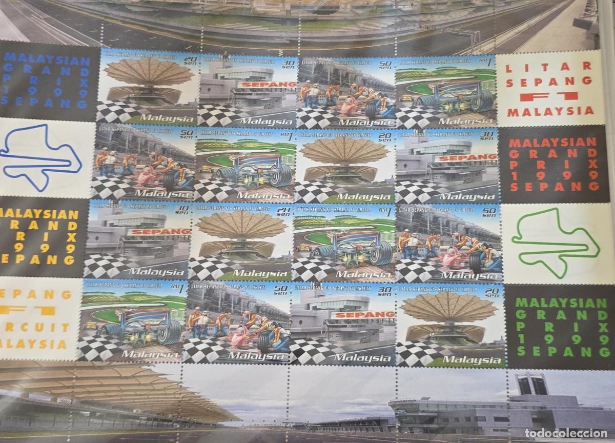 Stamps: O) 1999 MALAYSIA. GRAND PRIX, RACING HELMETS, CANOPY, CAR, SHEET MNH