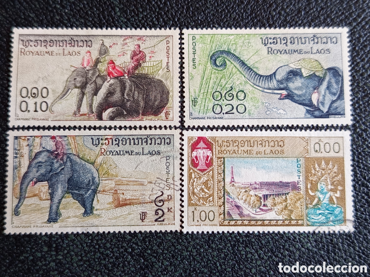 Sellos: Laos 1958 - Elefantes y Sede UNESCO Par&iacute;s (MiNr. 59, 60, 62 y 69) MH/Usado