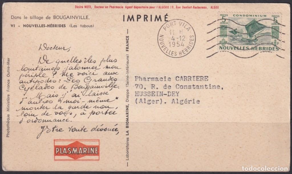 Sellos: F-EX66580 NEW HEBRIDES 1954 POSTCARD PASMARINE MEDICINE TO ALGERIE ALGERIA.