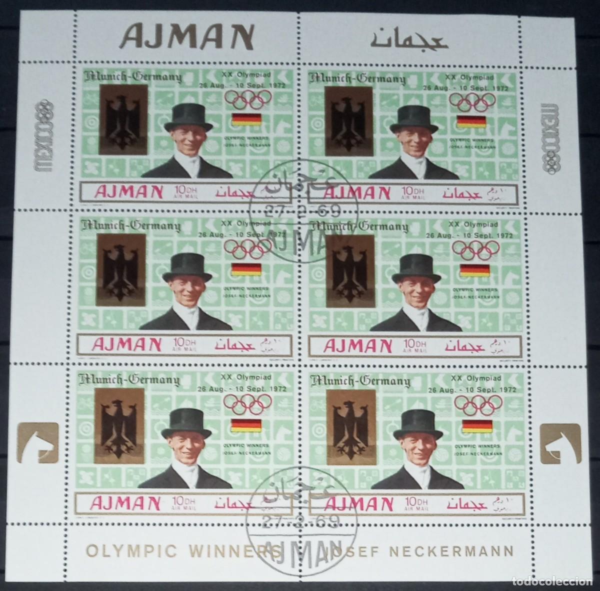 Sellos: AJMAN 1969 SHEET USED MNH OVERPRINTED MUNICH MEXICO JUEGOS OLIMPICOS OLYMPIC GAMES JEUX OLYMPIQUES