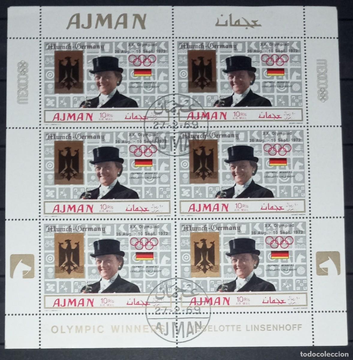 Sellos: AJMAN 1969 SHEET USED MNH OVERPRINTED MUNICH MEXICO JUEGOS OLIMPICOS OLYMPIC GAMES JEUX OLYMPIQUES