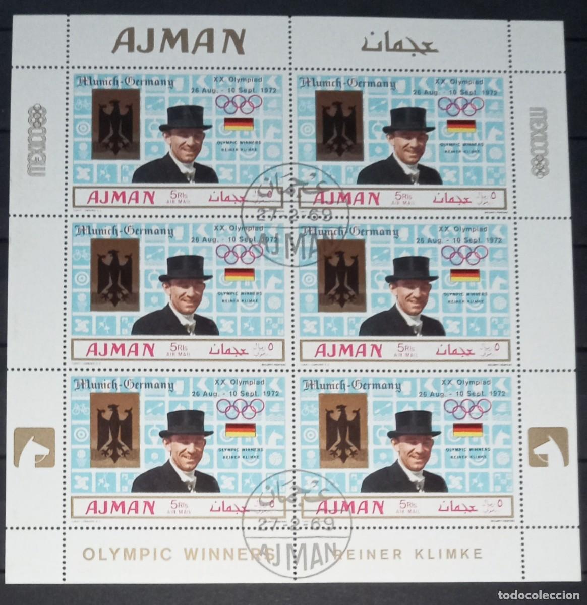 Sellos: AJMAN 1969 SHEET USED MNH OVERPRINTED MUNICH MEXICO JUEGOS OLIMPICOS OLYMPIC GAMES JEUX OLYMPIQUES